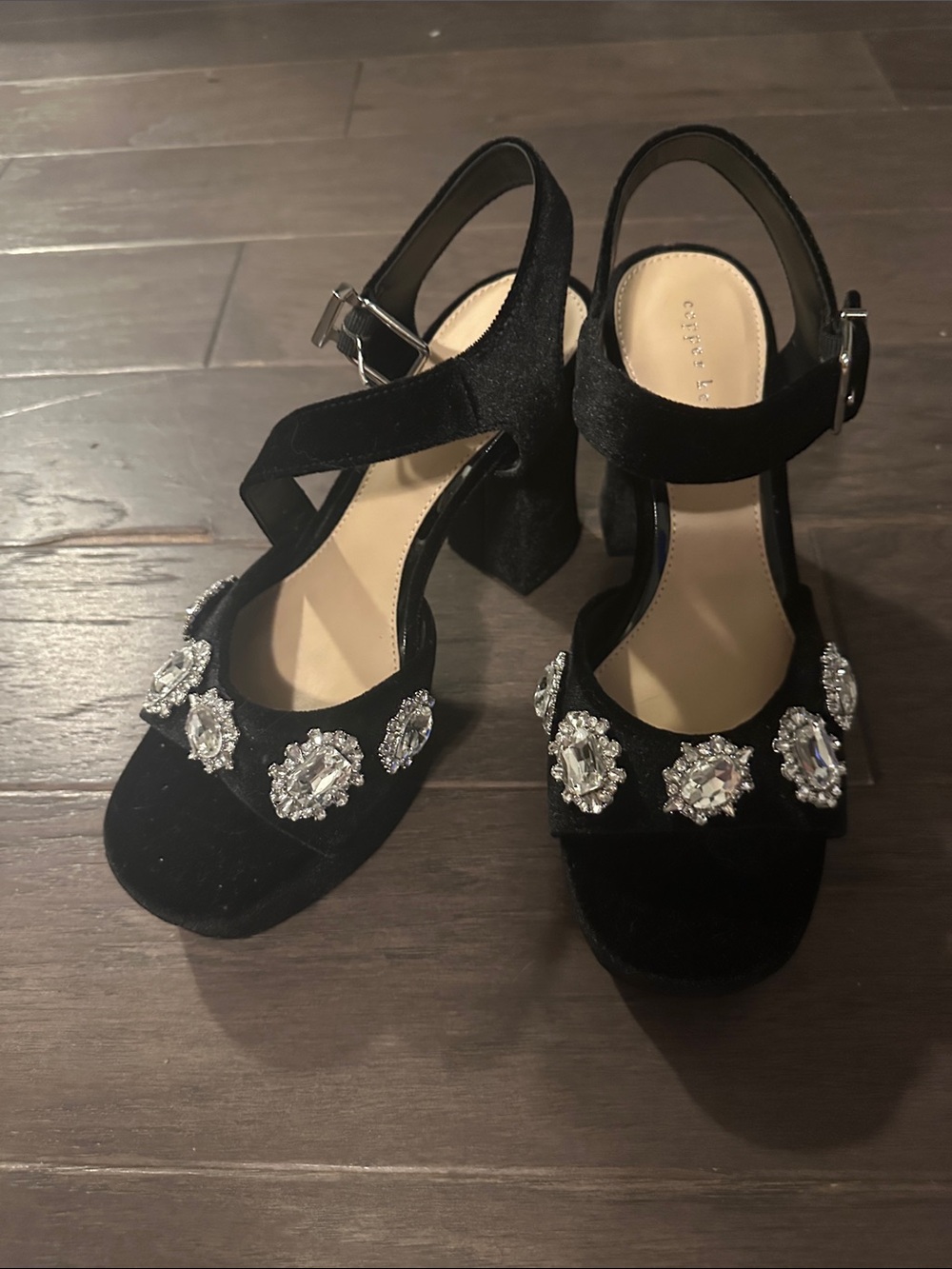 Copper Key Black Velvet Jeweled Block Heel Sandals